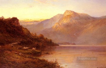 Lake Pond Waterfall Painting - Sunset On The Loch landscape Alfred de Breanski Snr
